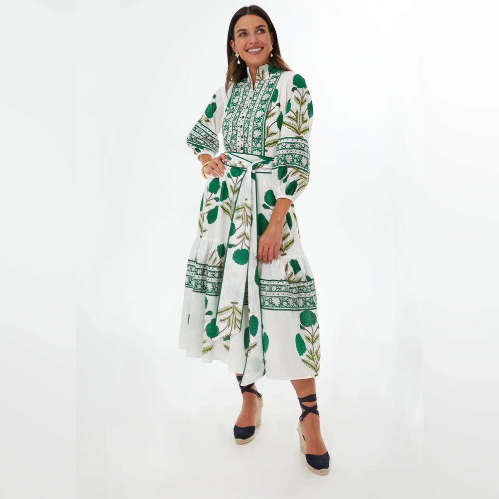 Sue Sartor Emerald Marigold Floral Kaftan Belted Midi Dress Size M